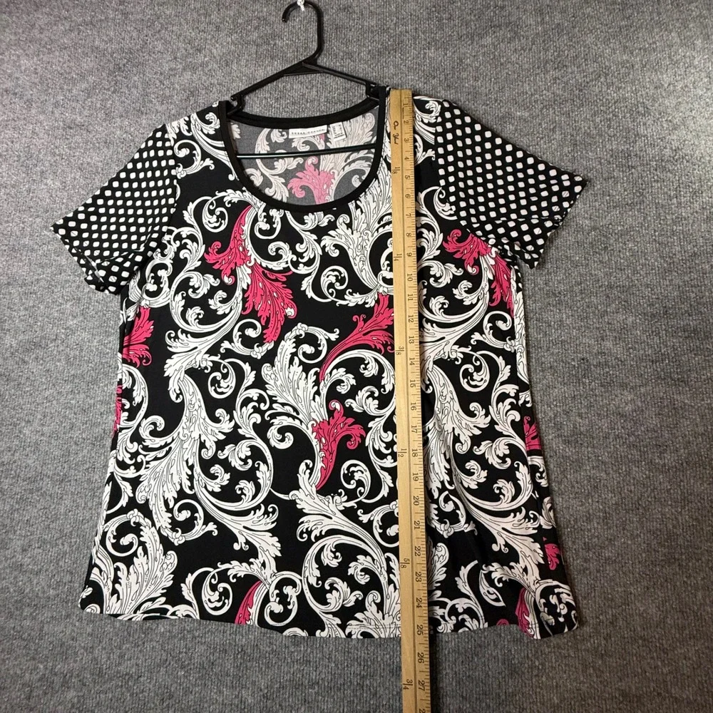 Susan Graver Liquid Knit Top Womens Medium Black Pink Baroque Scroll Polka Dot